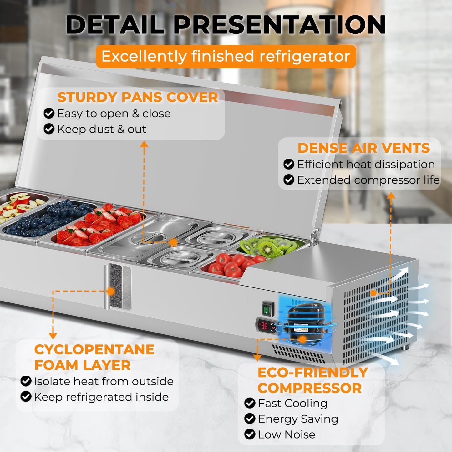 Refrigerated Condiment Prep Station, 55 inch 48 QT Sandwich Prep Table, Salad Bar, 3-Year Warranty