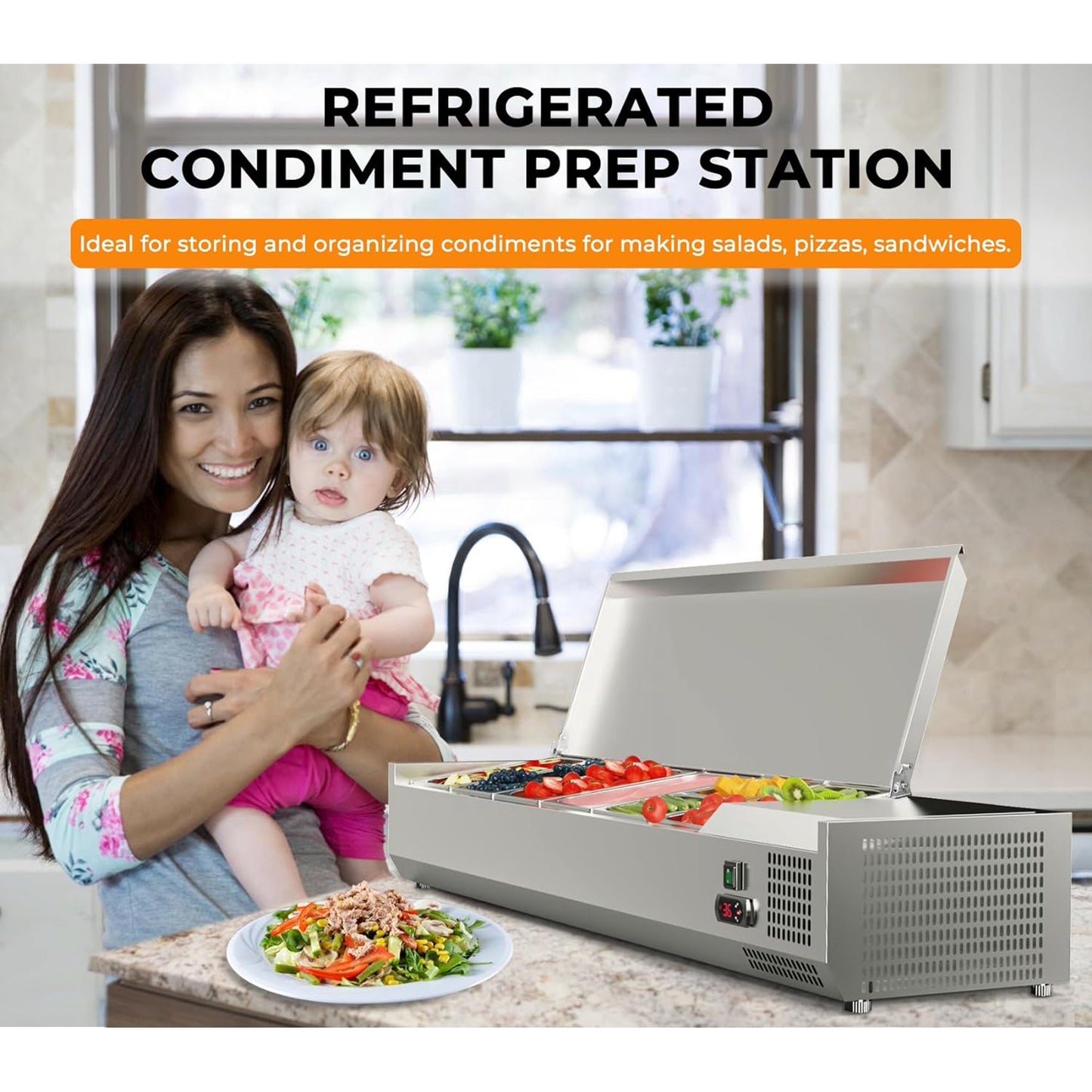 Refrigerated Condiment Prep Station, 55 inch 48 QT Sandwich Prep Table, Salad Bar, 3-Year Warranty