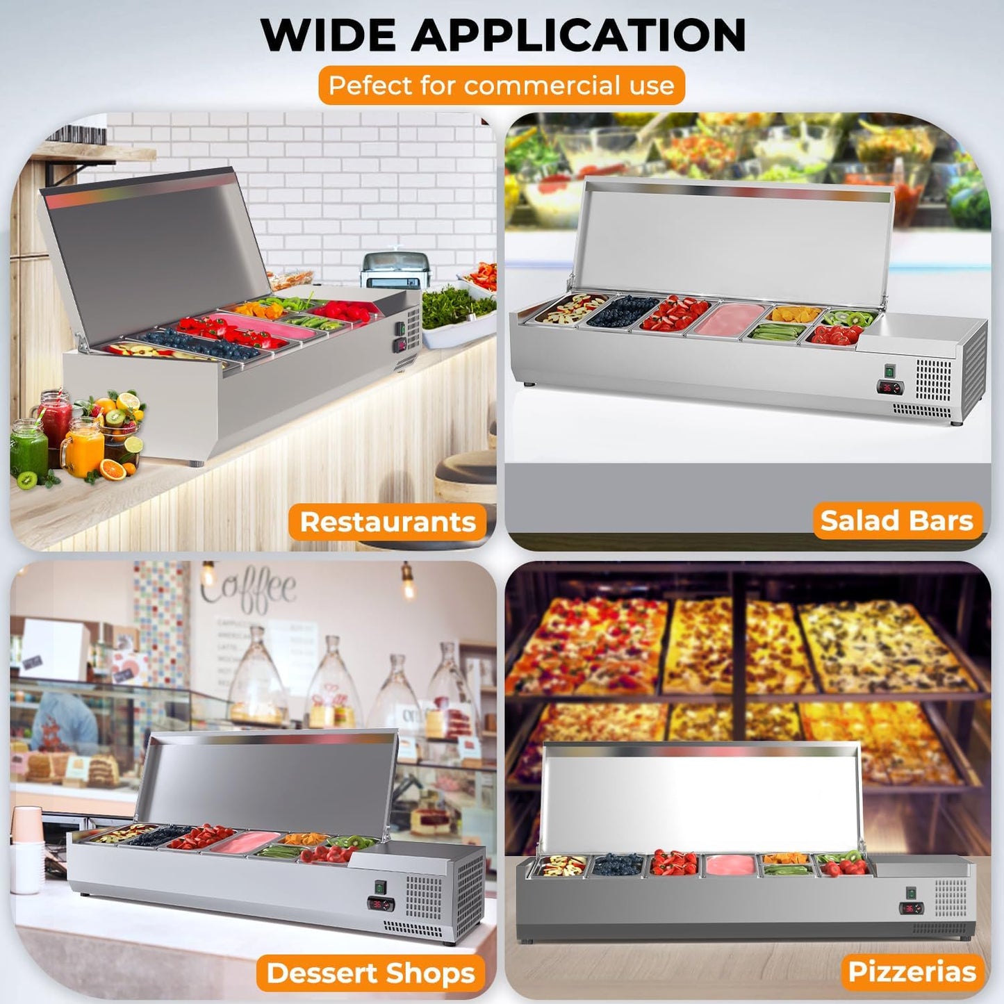 Refrigerated Condiment Prep Station, 55 inch 48 QT Sandwich Prep Table, Salad Bar, 3-Year Warranty