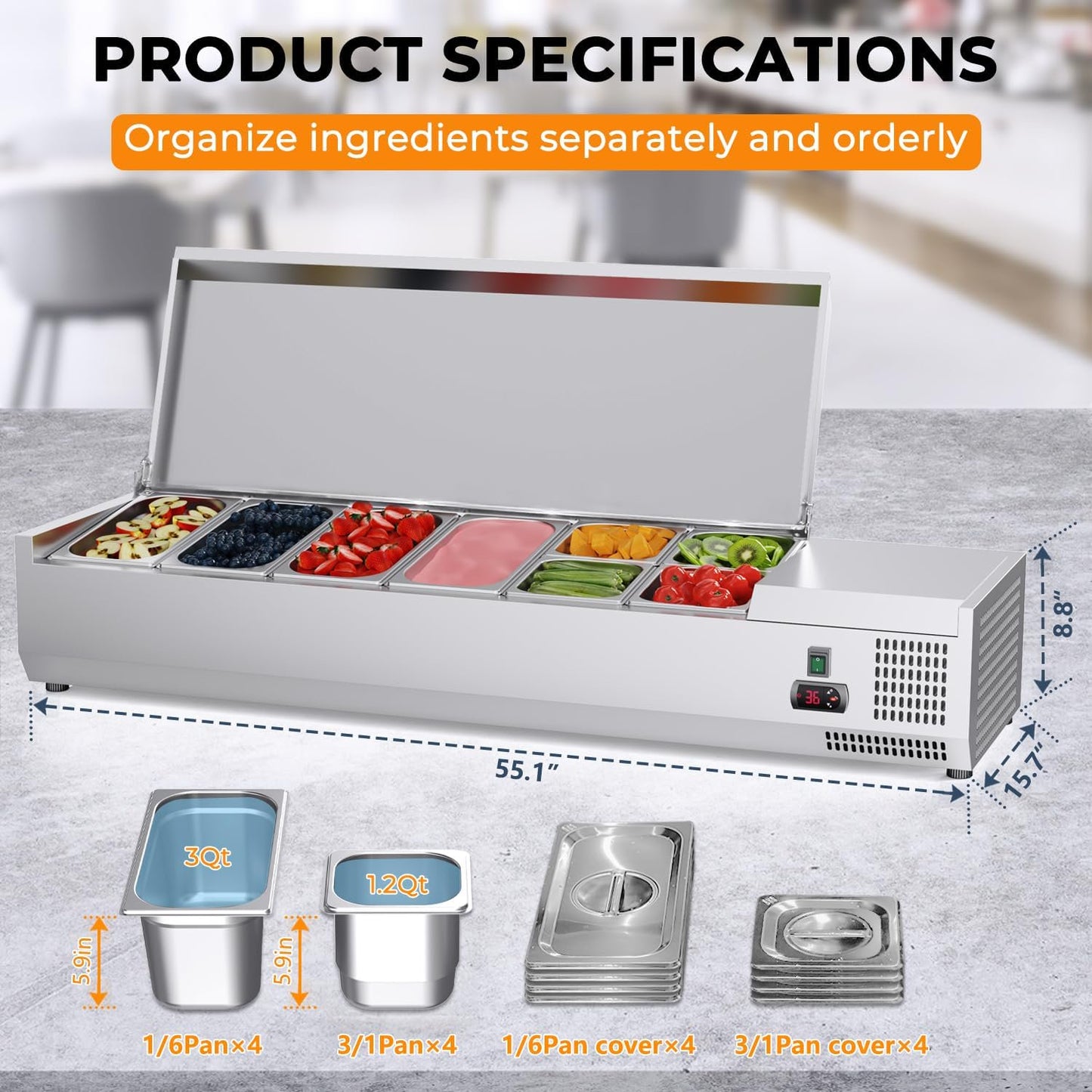 Refrigerated Condiment Prep Station, 55 inch 48 QT Sandwich Prep Table, Salad Bar, 3-Year Warranty