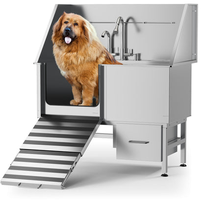 50" Stainless Steel Pet Washing Station with Storage Drawer, Ramp, and Floor Grate