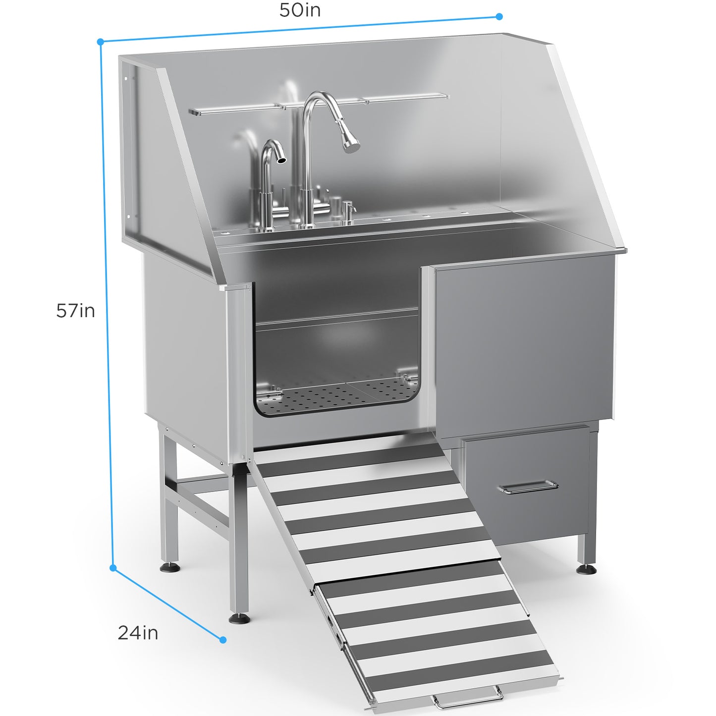 50" Stainless Steel Pet Washing Station with Storage Drawer, Ramp, and Floor Grate